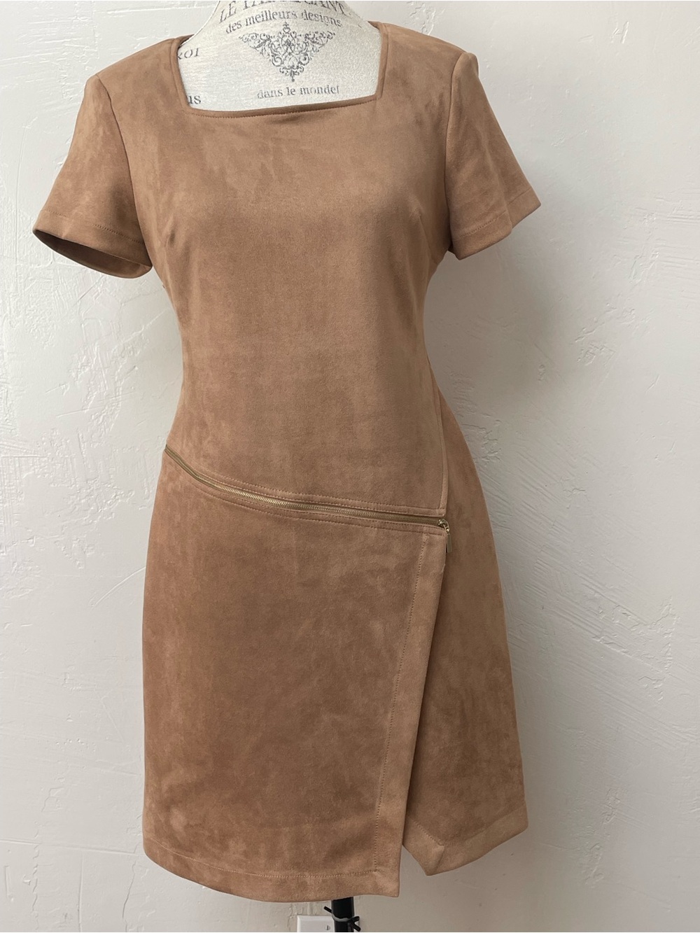 Calvin Klein Tan Faux Suede Short Sleeve Shift Dress